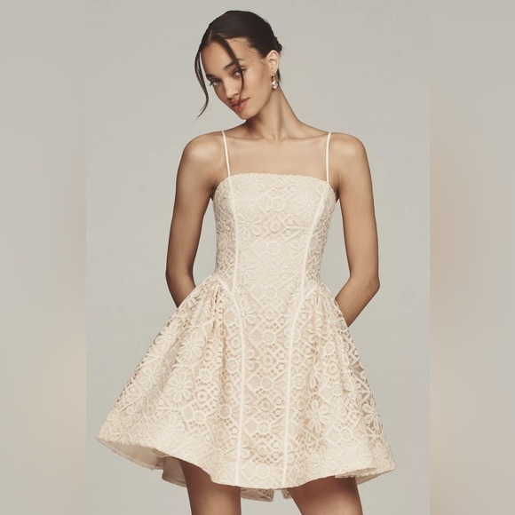 NWT! By Anthropologie Lace Basque-Waist Mini Dress in Ivory - Multiple🛋️ - Picture 1 of 13